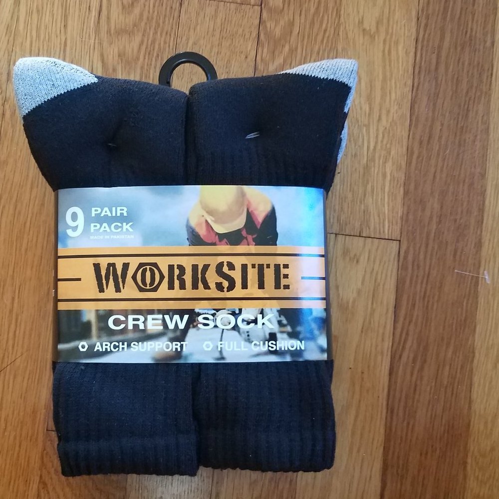 WORKSITE 9 PAIR CREW SOCKS BLACK Arch support  cushion footbed size Men’s 6- 12
